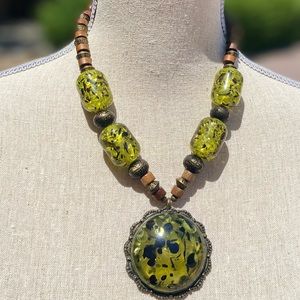 Green and Wood Beaded Statement Necklace